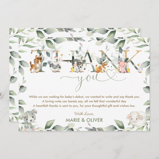 シックファームアニマルズグリーンリーベビーシャワー誕生日Th サンキューカード (正面/裏面)