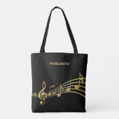 シックフェイクなブラックの背景に金ゴールド音楽のノート トートバッグ (裏面)