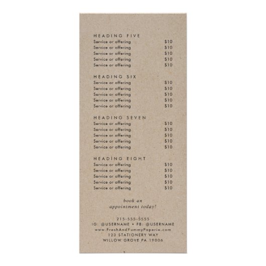 シックフェイククラフトロゴのビジネス価格表 ラックカード (裏面)