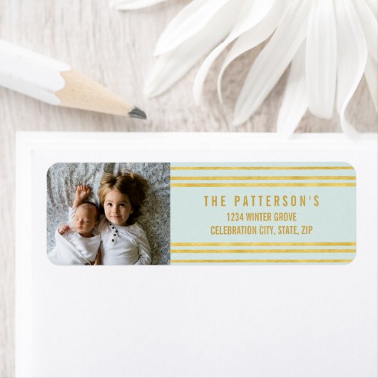 シックフェイクゴールドフォイルストライプズLight Blue写真 ラベル (インサイチュ)