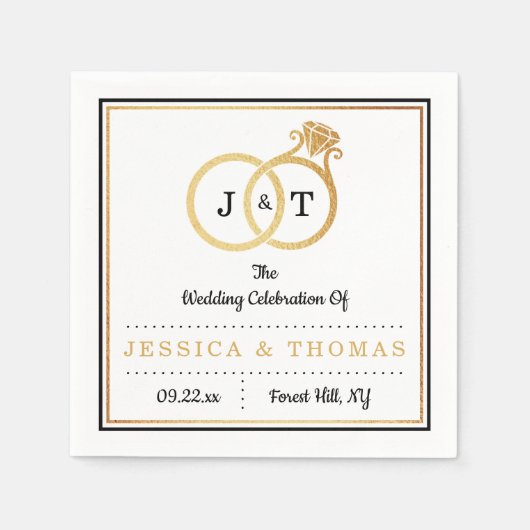 シックフェイクゴールドフォイルモノグラム結婚ズリングや輪 スタンダードカクテルナプキン (正面)