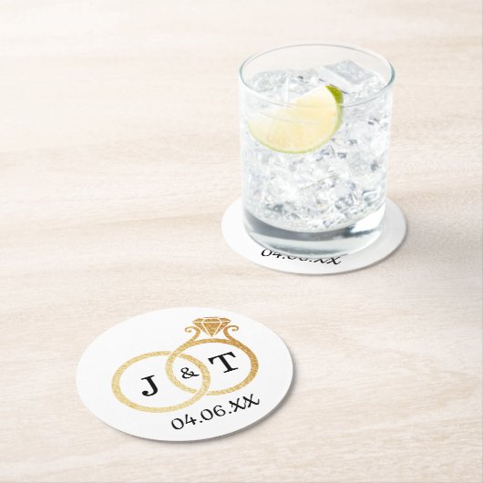 シックフェイクゴールドフォイルモノグラム結婚ズリングや輪 ラウンドペーパーコースター (インサイチュ)