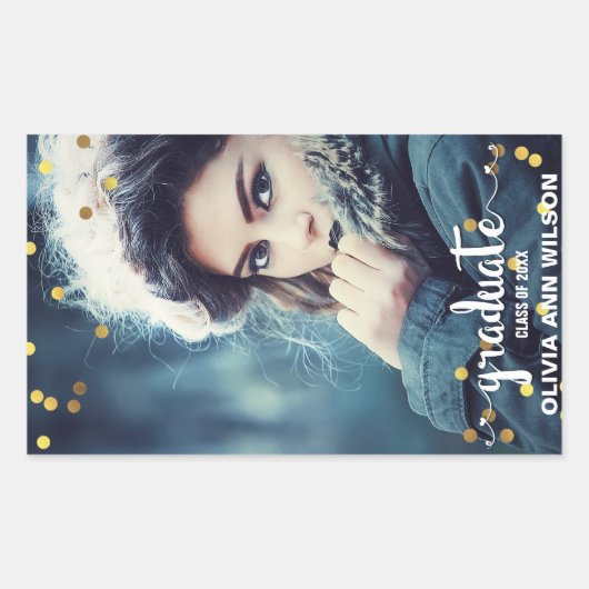 シックフェイクゴールドフォイル紙吹雪写真卒業 長方形シール (正面)