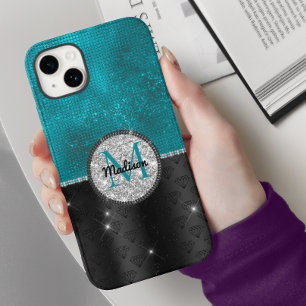 シックフェイクシルバーグリッターターコイズブラックモノグラム Case-Mate iPhone 14ケース