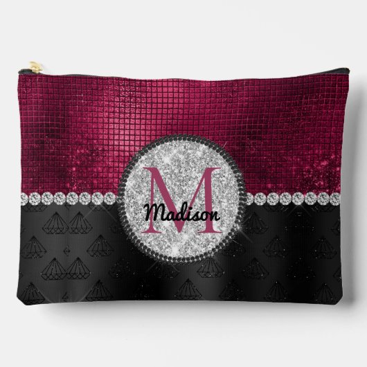 シックフェイクシルバーグリッターブルガンディブラックモノグラム アクセサリーポーチ (正面)
