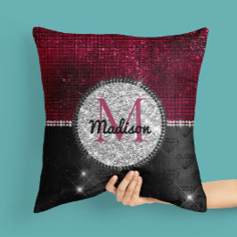 シックフェイクシルバーグリッターブルガンディブラックモノグラム クッション