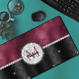 シックフェイクシルバーグリッターブルガンディブラックモノグラム デスクマット