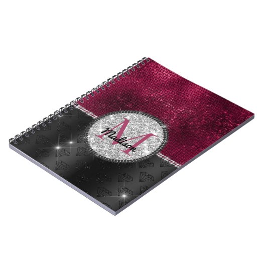 シックフェイクシルバーグリッターブルガンディブラックモノグラム ノートブック (左側)