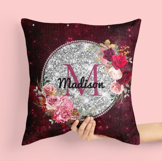 シックフェイクシルバーグリッターブルゴーニュフローラモノグラム クッション