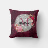 シックフェイクシルバーグリッターブルゴーニュフローラモノグラム クッション (正面)
