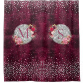 シックフェイクシルバーグリッターブルゴーニュフローラモノグラム シャワーカーテン (正面)