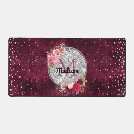 シックフェイクシルバーグリッターブルゴーニュフローラモノグラム デスクマット (正面)