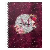 シックフェイクシルバーグリッターブルゴーニュフローラモノグラム ノートブック (正面)