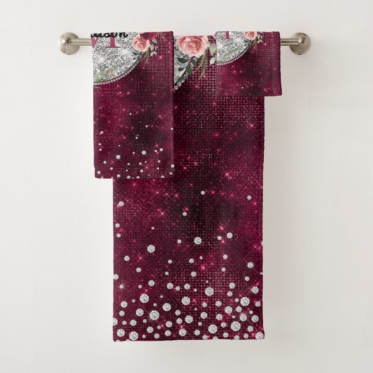 シックフェイクシルバーグリッターブルゴーニュフローラモノグラム バスタオルセット (インサイチュ)