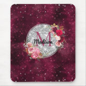 シックフェイクシルバーグリッターブルゴーニュフローラモノグラム マウスパッド (正面)