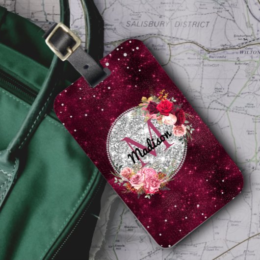 シックフェイクシルバーグリッターブルゴーニュフローラモノグラム ラゲッジタグ