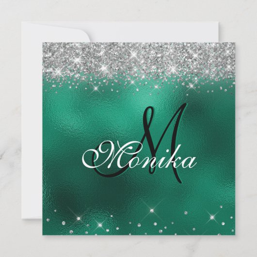 シックフェイクシルバーグリッターモノグラムグリーンフォイルグラデーション 招待状 (裏面)