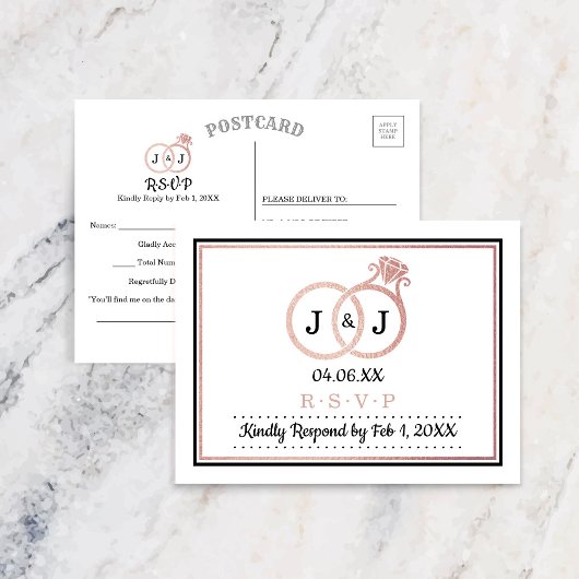 シックフェイクバラゴールドフォイルモノグラム結婚ズリングや輪 インビテーションポストカード