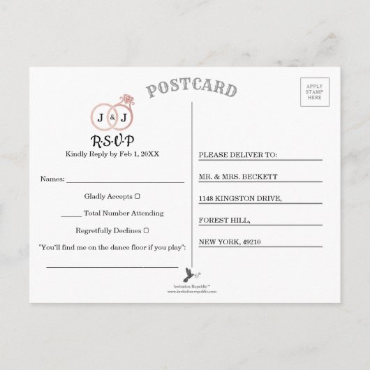 シックフェイクバラゴールドフォイルモノグラム結婚ズリングや輪 インビテーションポストカード (裏面)