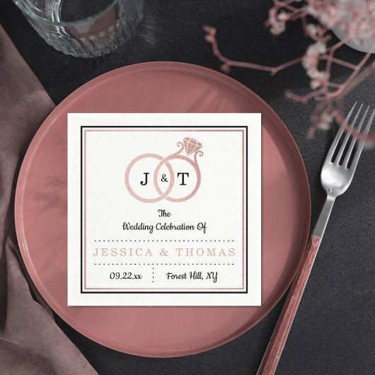 シックフェイクバラゴールドフォイルモノグラム結婚ズリングや輪 スタンダードカクテルナプキン