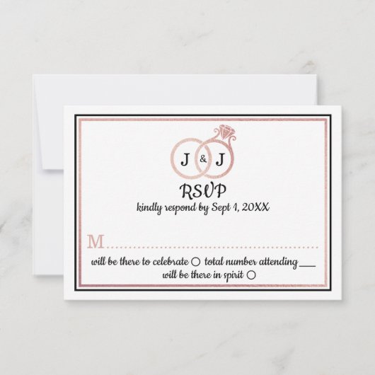 シックフェイクバラゴールドフォイルモノグラム結婚ズリングや輪 招待状 (正面)