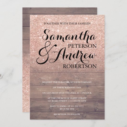 シックフェイクバラ金ゴールドグリッター素朴なウッドズ結婚ーズ 招待状 (正面/裏面)