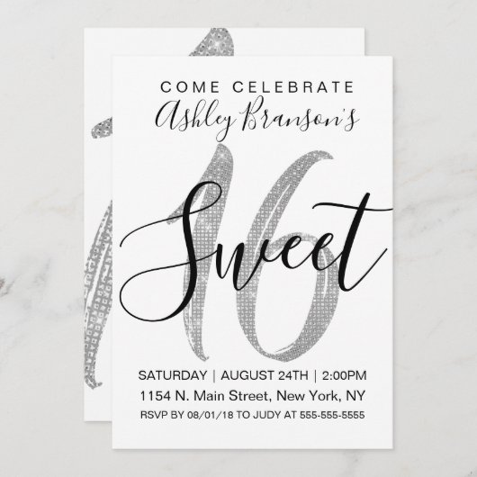 シックフェイクホワイトシルバーシークイングリッタースウィート16 招待状 (正面/裏面)