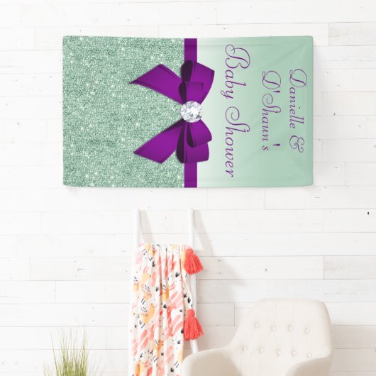 シックフェイクミントシークインパープルボウ赤ちゃんシャワー 横断幕 (インサイチュ)