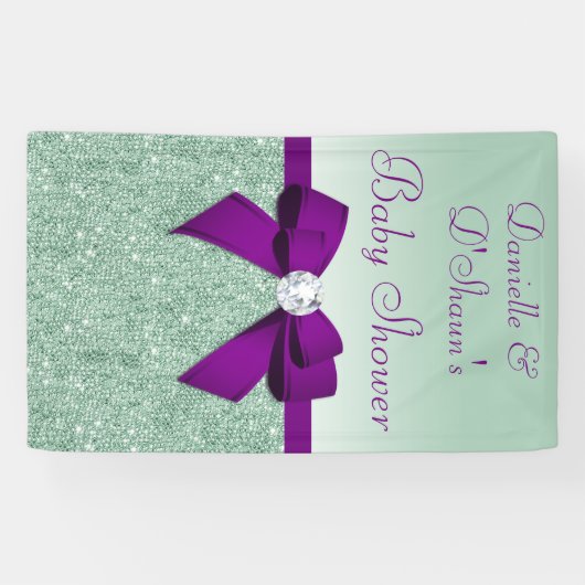 シックフェイクミントシークインパープルボウ赤ちゃんシャワー 横断幕 (横)
