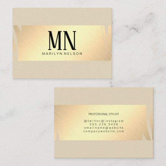シックフェイクモノグラムでブラシされた金ゴールド/ベージュ 名刺 (正面/裏面)
