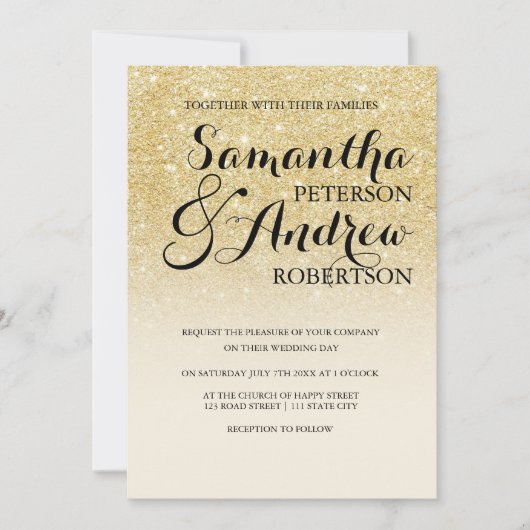 シックフェイク金ゴールドグリッターアイボリーオフ結婚ホワイトズ 招待状 (正面)
