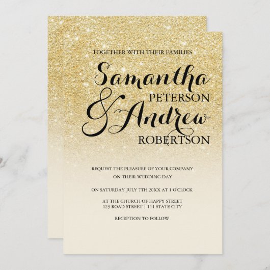 シックフェイク金ゴールドグリッターアイボリーオフ結婚ホワイトズ 招待状 (正面/裏面)