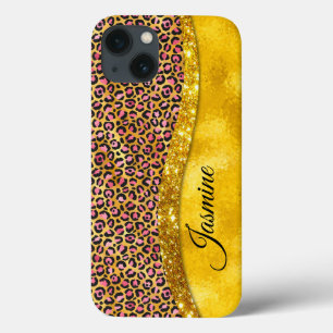 シックフェイク金ゴールドグリッターピンクアニマルプリントモノグラム iPhone 13ケース