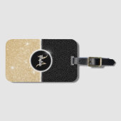 シックフェイク金ゴールドグリッターブラックレザーモノグラム ラゲッジタグ (正面横)
