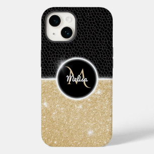 シックフェイク金ゴールドグリッターブラックレザーモノグラム Case-Mate iPhone 14ケース
