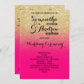 シックフェイク金ゴールドグリッターホットピンク結婚式プログラム プログラム (正面/裏面)