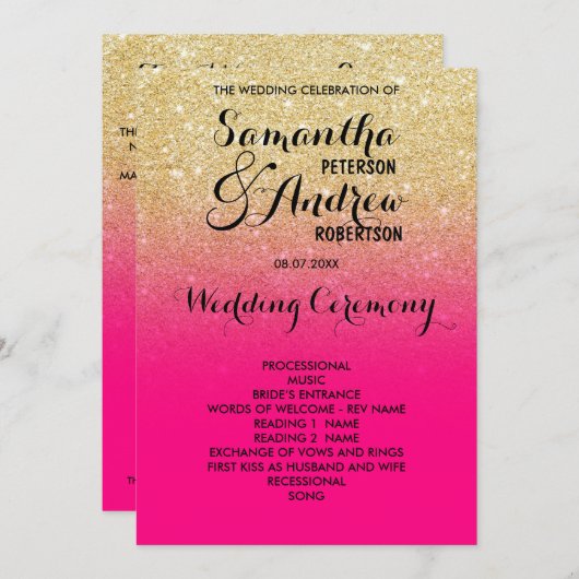 シックフェイク金ゴールドグリッターホットピンク結婚式プログラム プログラム (正面/裏面)