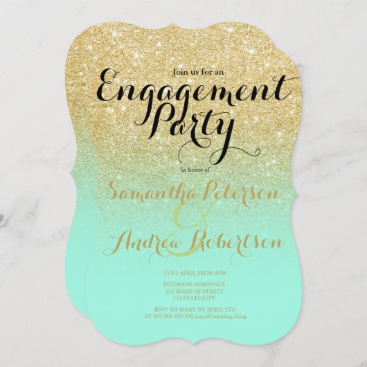 シックフェイク金ゴールドグリッターミントグリーン婚約パーティ 招待状 (正面/裏面)