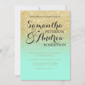 シックフェイク金ゴールドグリッターミントグリーン結婚ズ 招待状 (正面)