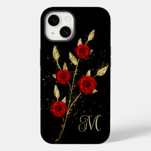シックフェイク金ゴールドグリッター葉ズレッドローズモノグラム Case-Mate iPhone 14ケース