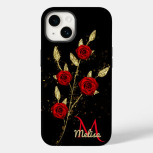 シックフェイク金ゴールドグリッター葉ズレッドローズモノグラムCa Case-Mate iPhone 14ケース