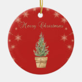 シックフェイク金ゴールドスノーフレーク、クリスマスツリーレッド セラミックオーナメント (正面)