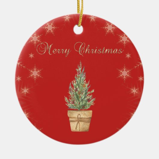 シックフェイク金ゴールドスノーフレーク、クリスマスツリーレッド セラミックオーナメント (正面)