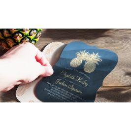 シックフェイク金ゴールドパイナップルカップルブルー結婚ウェーブズ 招待状