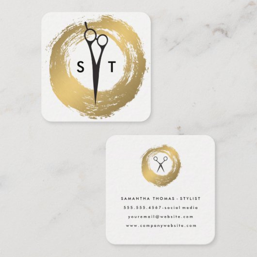 シックフェイク金ゴールドブラシサロンスタイリストモノグラム スクエア名刺 (正面/裏面)