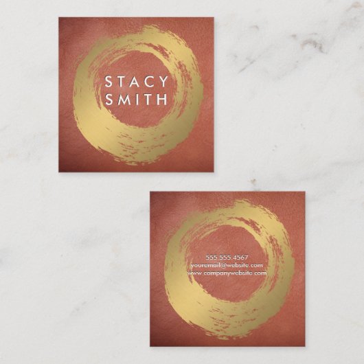 シックフェイク金ゴールドブラシ付きレッドレザー スクエア名刺 (正面/裏面)