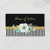 シックフェイク金ゴールドミントフラワーズブラックストライプサロン 名刺 (正面)