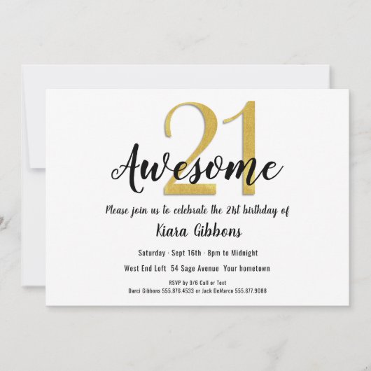 シックフェイク金ゴールド21歳の誕生日パーティの招待状 招待状 (正面)