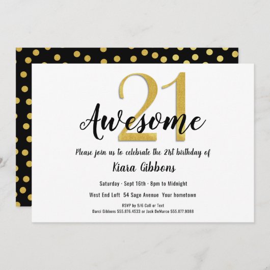 シックフェイク金ゴールド21歳の誕生日パーティの招待状 招待状 (正面/裏面)