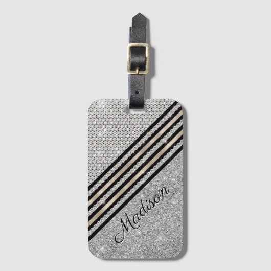 シックフェイク・クリスタル・シルバーグリッターパーソナライズされた ラゲッジタグ (正面縦)